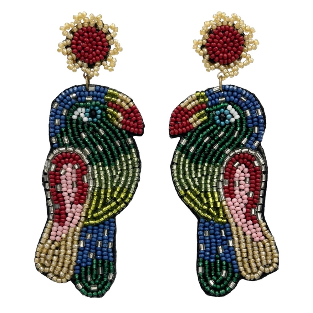 Quirky Parrot Bird Beaded Post Drop Statement Earrings